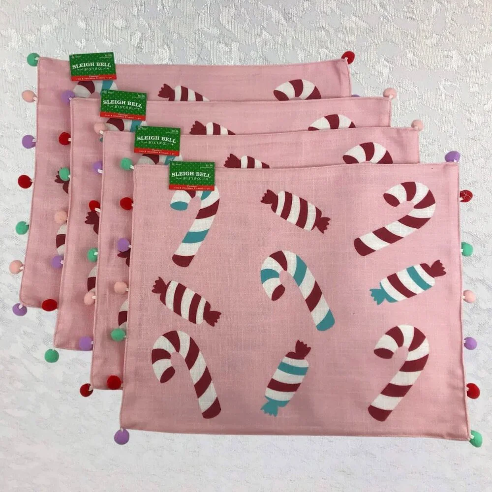 Sleigh Bell Bistro Pink Peppermint Placemats w/ Multicolor Pom-Poms Set of 4 NWT